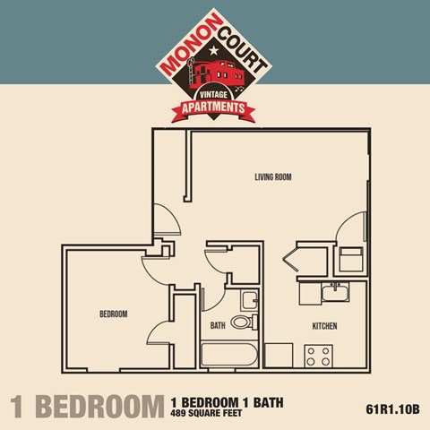 Floor plan for 1 bed, 1 bath, 500 sqft